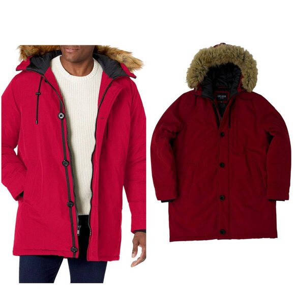 GUESS Men’s Red Parka Coat Jacket w/ Faux Fur Hood – Size M - Picture 1 of 16